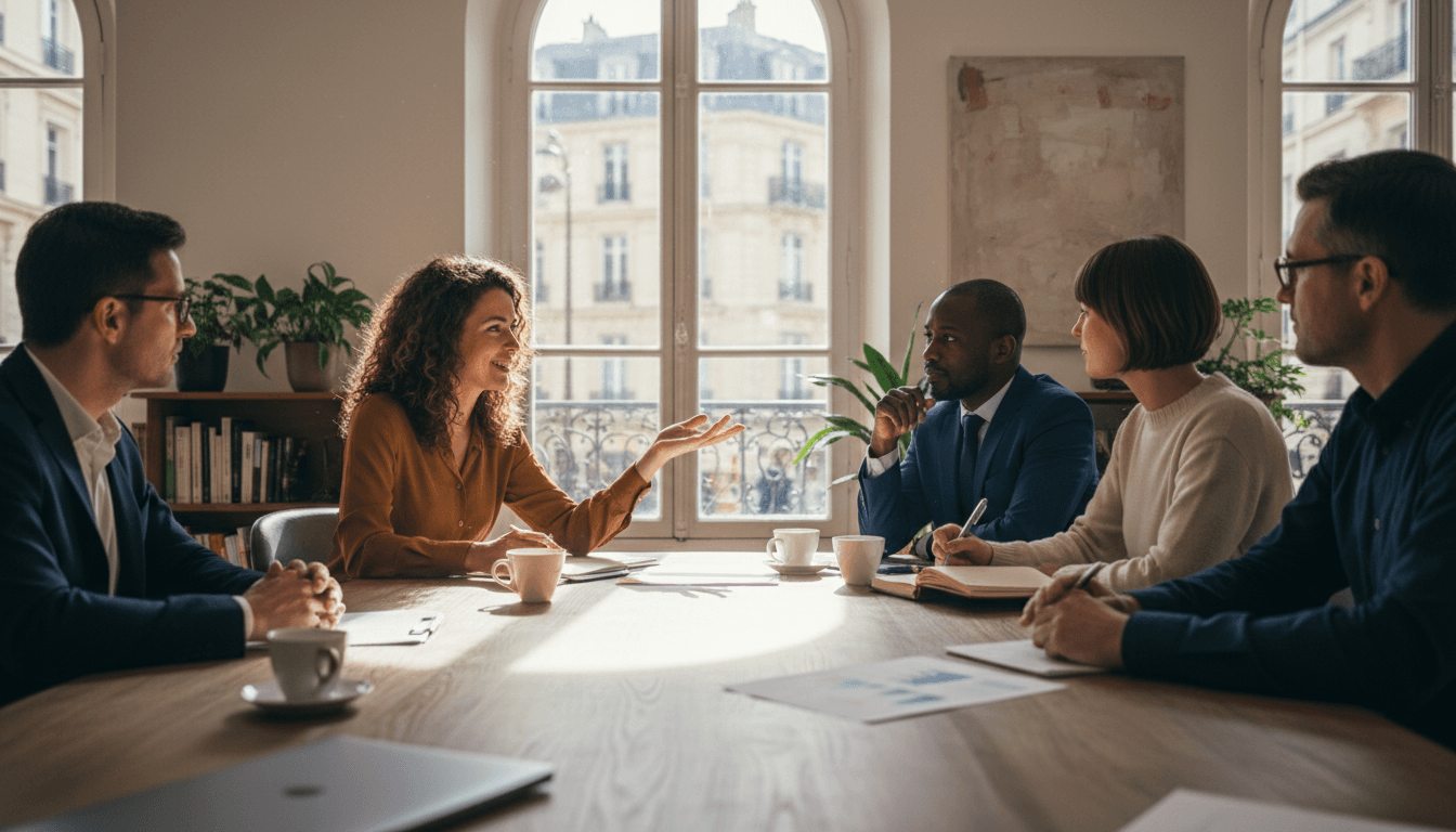 Groupe de professionnels en réunion dans un bureau lumineux à Paris