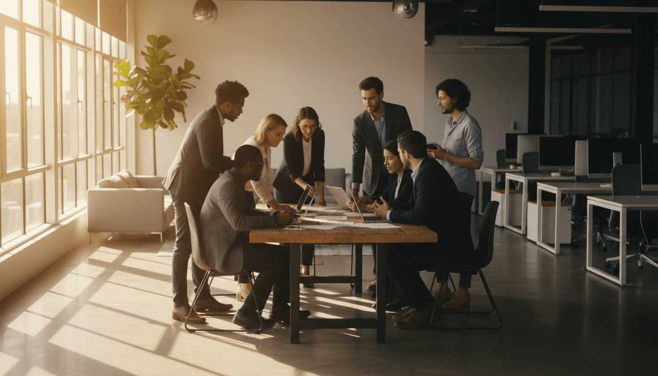 Équipe diversifiée en réunion collaborative dans un bureau moderne